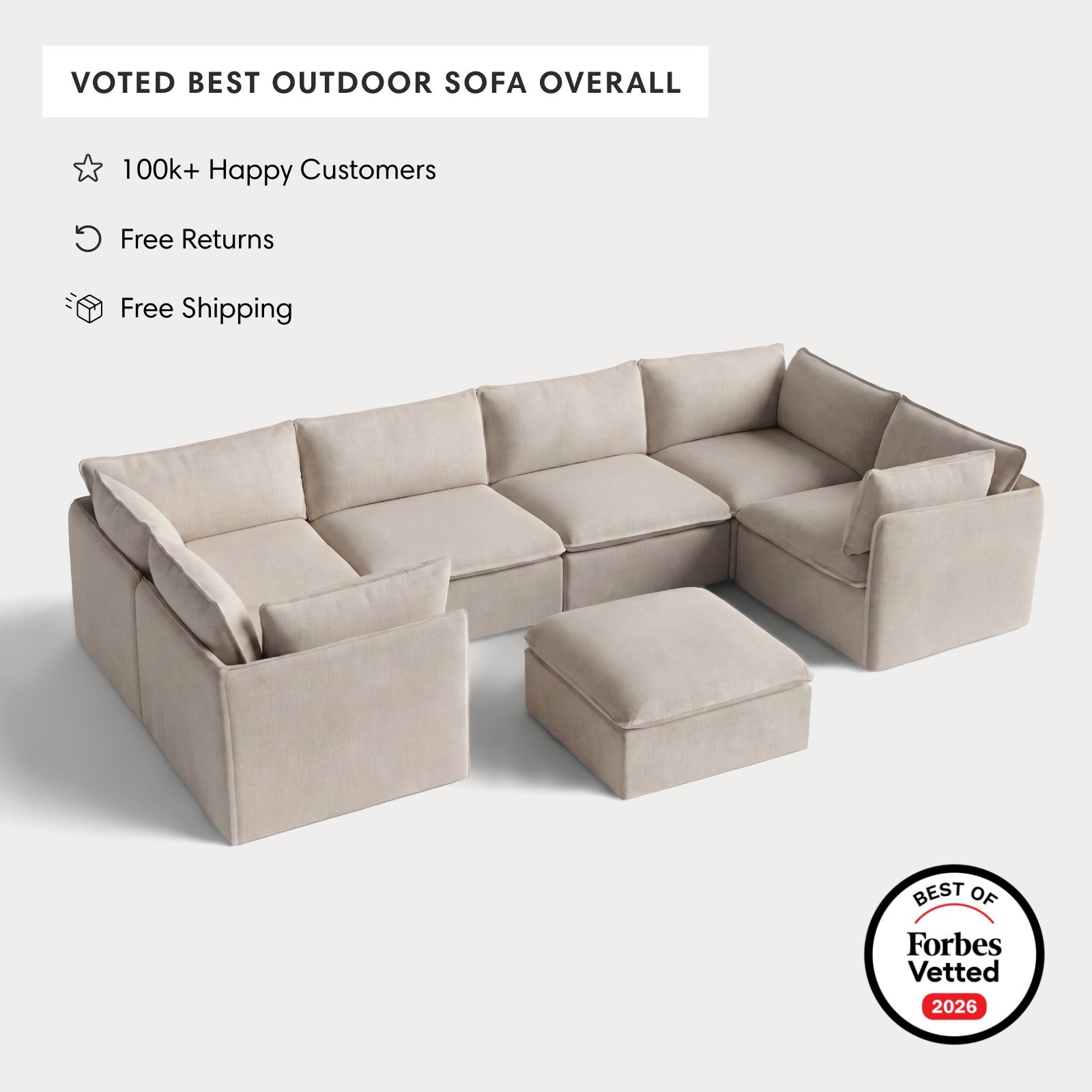 Modular Outdoor Washable 6-Seater U-Sectional + Ottoman | Classic Canvas in Sand