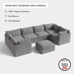 Modular Outdoor Washable 6-Seater U-Sectional + Ottoman | Classic Canvas in Stone Gray