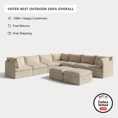 Modular Outdoor Washable 7-Seater Corner Sectional  + Bench Ottoman | Alfresco Boucle in Cashew