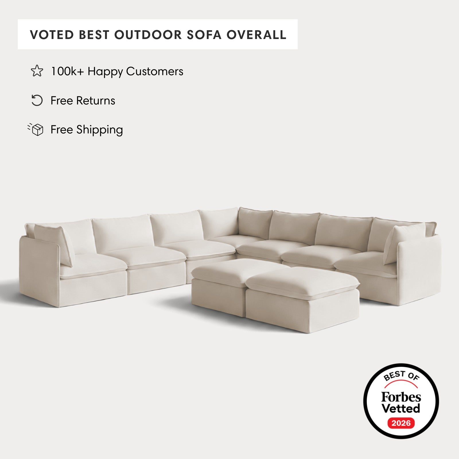 Modular Outdoor Washable 7-Seater Corner Sectional  + Bench Ottoman | Nano Slubweave in Chai