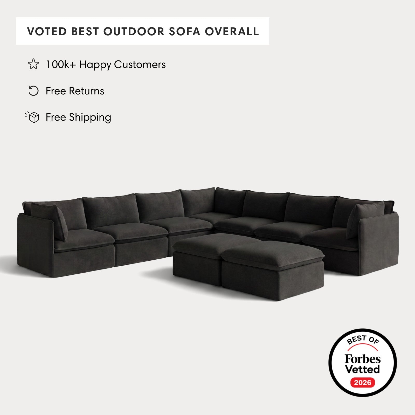 Modular Outdoor Washable 7-Seater Corner Sectional  + Bench Ottoman | Classic Canvas in Charcoal
