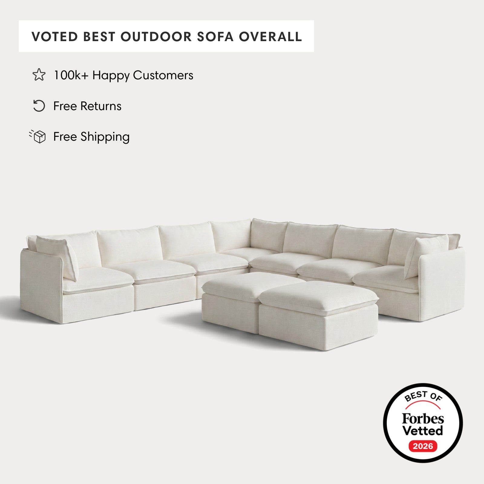 Modular Outdoor Washable 7-Seater Corner Sectional  + Bench Ottoman | Classic Canvas in Cloud