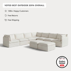 Modular Outdoor Washable 7-Seater Corner Sectional  + Bench Ottoman | Classic Canvas in Cloud