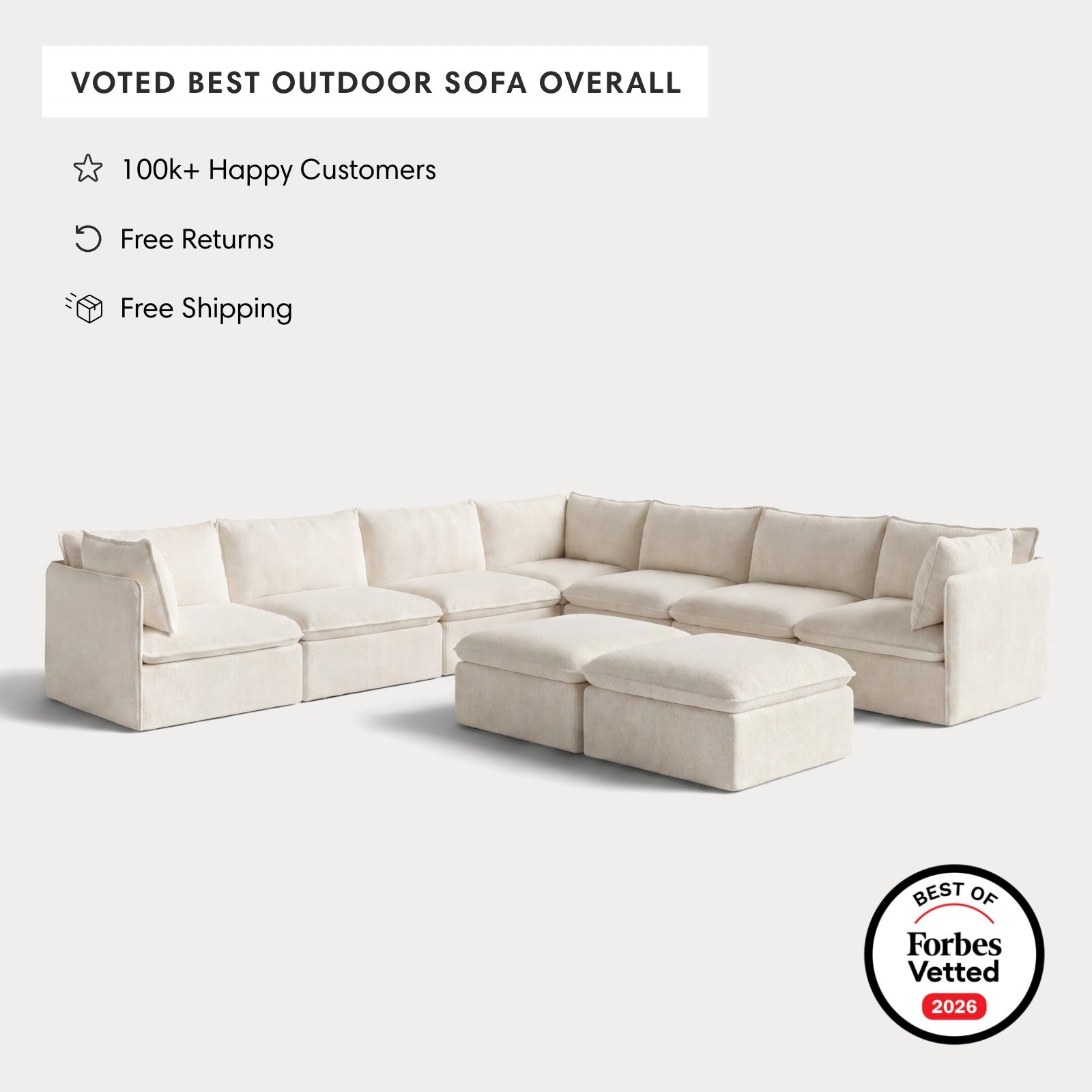 Modular Outdoor Washable 7-Seater Corner Sectional  + Bench Ottoman | Alfresco Boucle in Creme