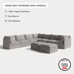 Modular Outdoor Washable 7-Seater Corner Sectional  + Bench Ottoman | Nano Slubweave in Haze Gray
