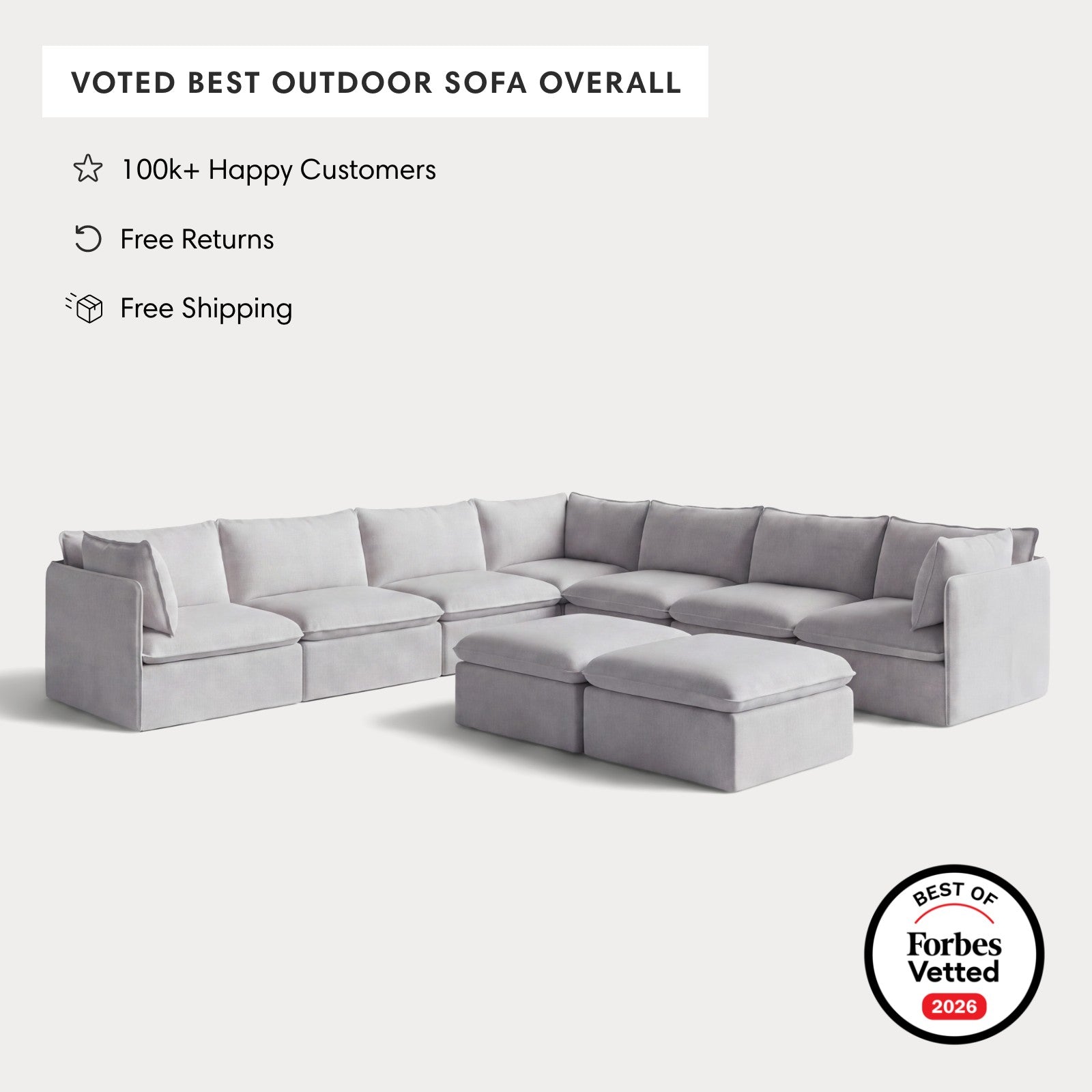 Modular Outdoor Washable 7-Seater Corner Sectional  + Bench Ottoman | Nano Slubweave in Mist