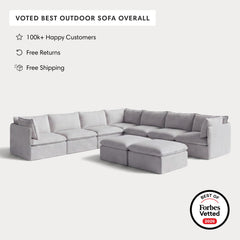 Modular Outdoor Washable 7-Seater Corner Sectional  + Bench Ottoman | Nano Slubweave in Mist