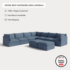 Modular Outdoor Washable 7-Seater Corner Sectional  + Bench Ottoman | Classic Canvas in Ocean