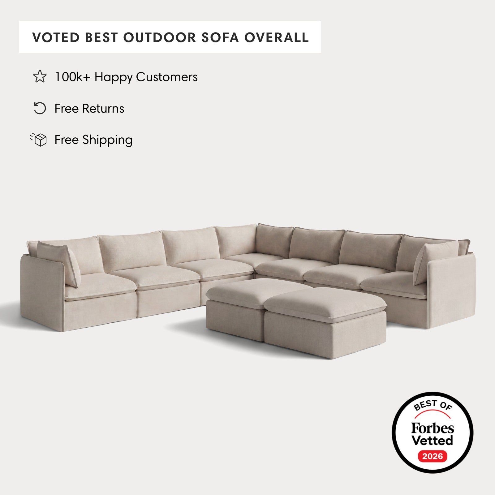 Modular Outdoor Washable 7-Seater Corner Sectional  + Bench Ottoman | Classic Canvas in Sand