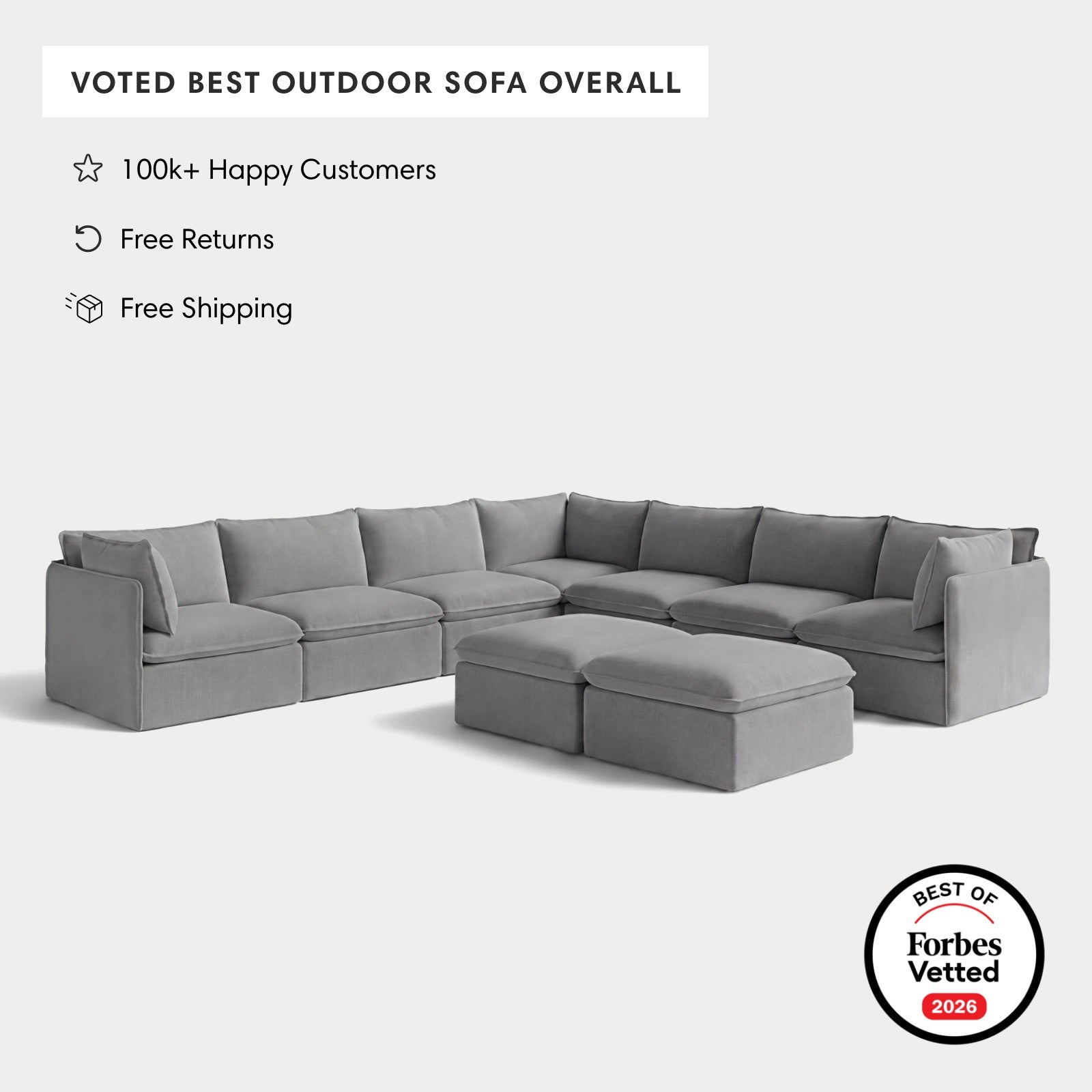 Modular Outdoor Washable 7-Seater Corner Sectional  + Bench Ottoman | Classic Canvas in Stone Gray