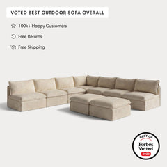 Modular Outdoor Washable 7-Seater Open-Ends Corner Sectional  + Bench Ottoman | Alfresco Boucle in Cashew