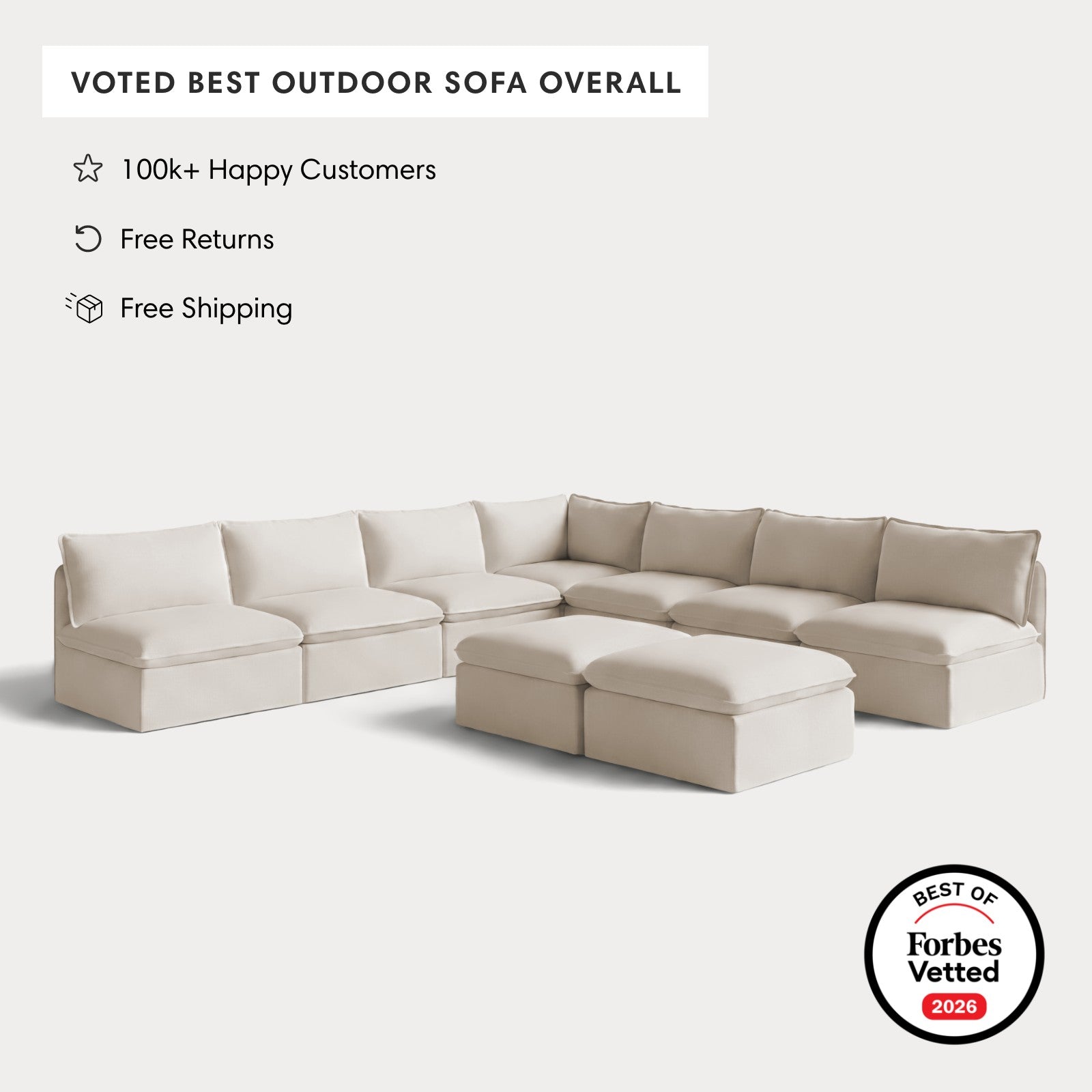 Modular Outdoor Washable 7-Seater Open-Ends Corner Sectional  + Bench Ottoman | Nano Slubweave in Chai