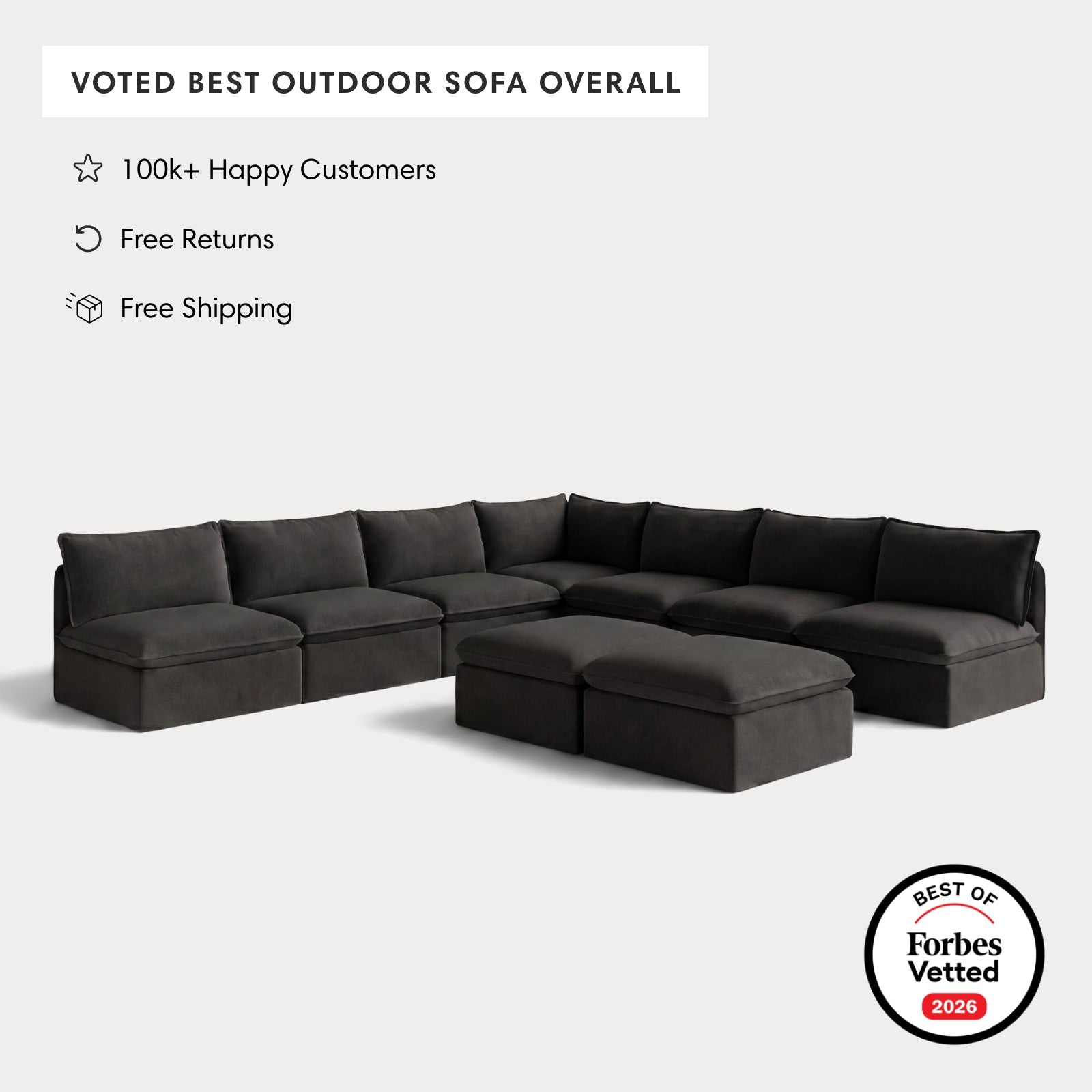 Modular Outdoor Washable 7-Seater Open-Ends Corner Sectional  + Bench Ottoman | Classic Canvas in Charcoal