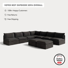 Modular Outdoor Washable 7-Seater Open-Ends Corner Sectional  + Bench Ottoman | Classic Canvas in Charcoal