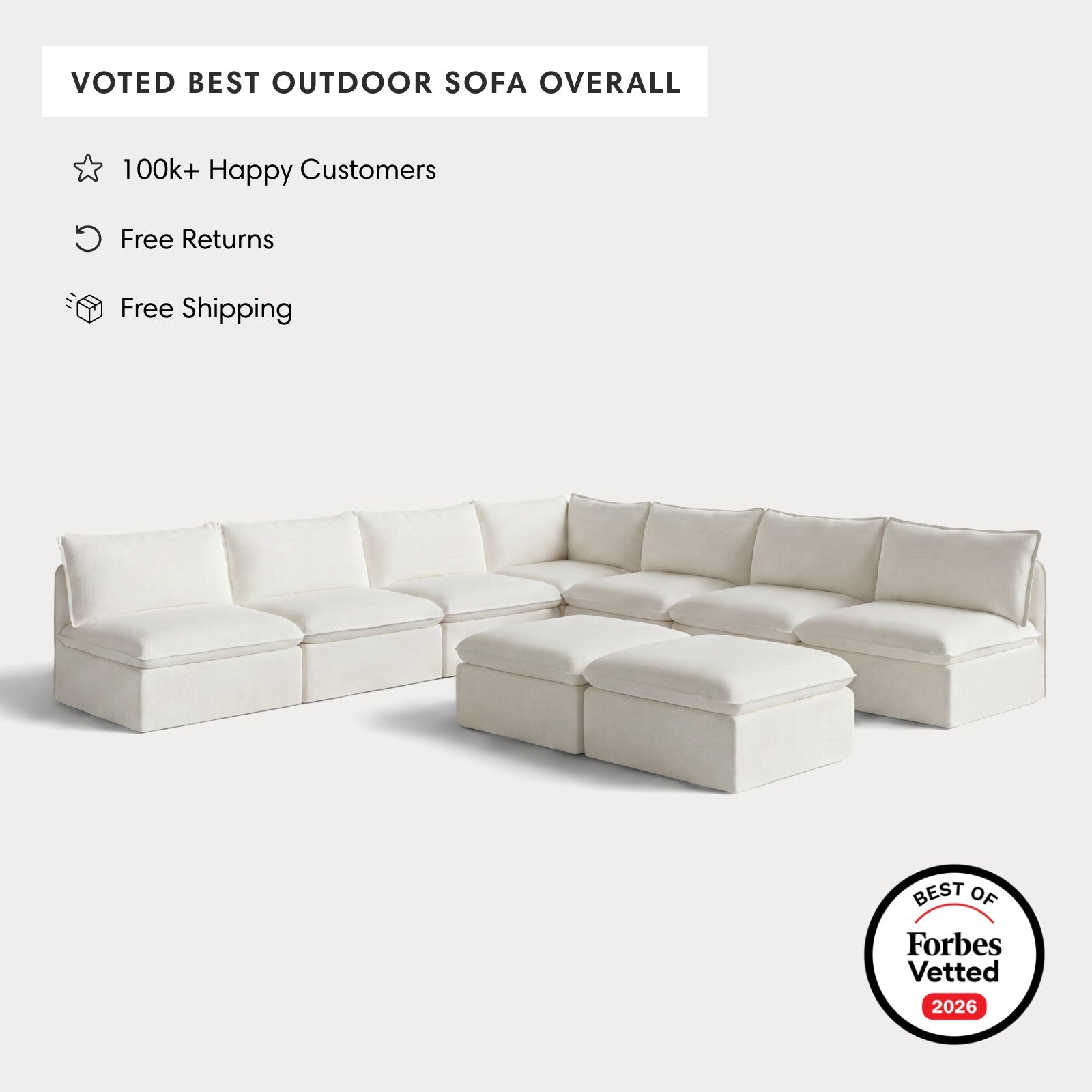 Modular Outdoor Washable 7-Seater Open-Ends Corner Sectional  + Bench Ottoman | Classic Canvas in Cloud