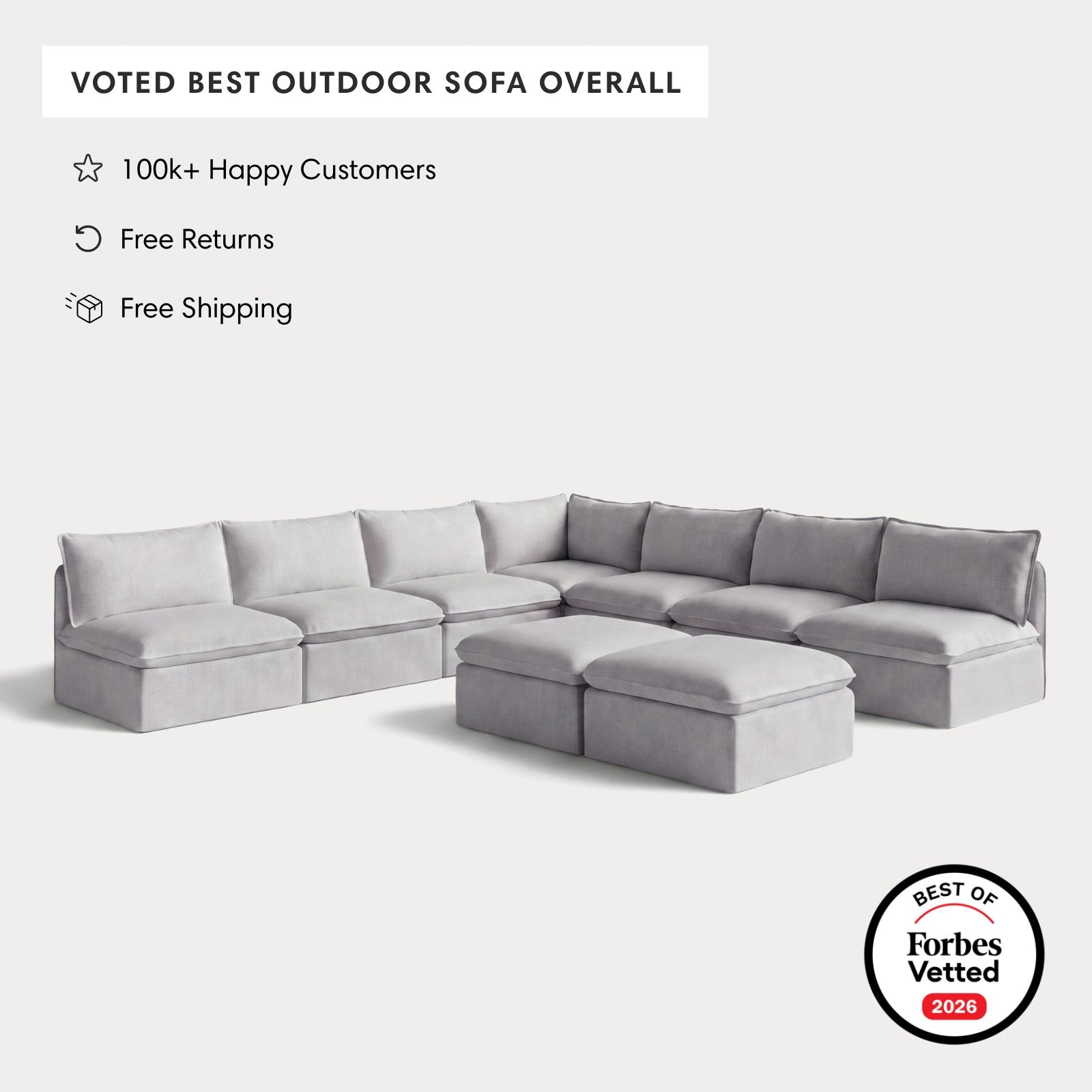 Modular Outdoor Washable 7-Seater Open-Ends Corner Sectional  + Bench Ottoman | Nano Slubweave in Mist