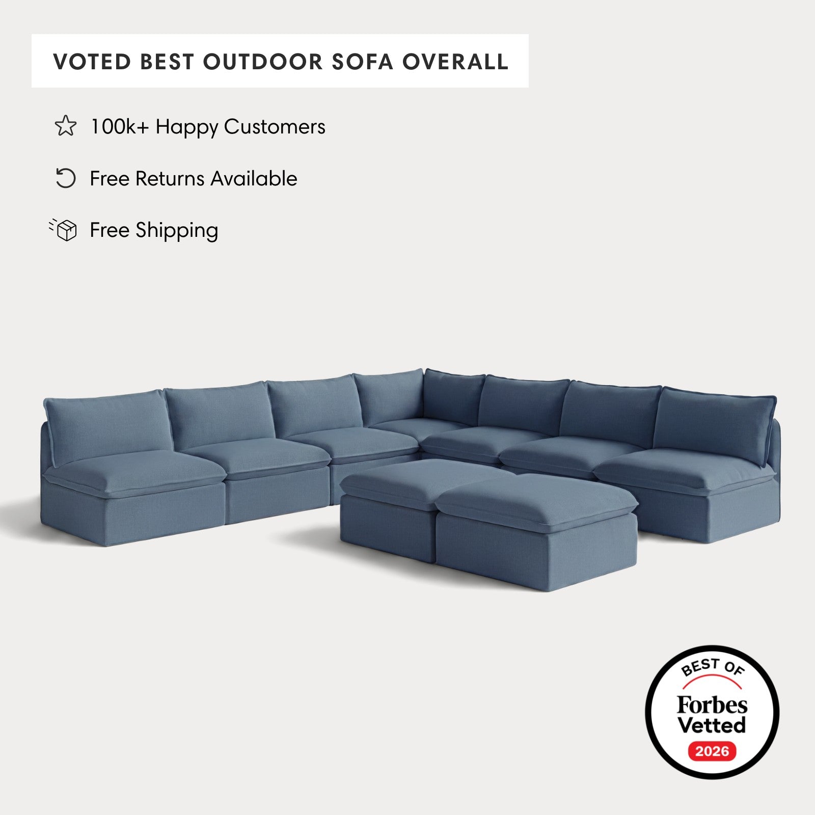 Modular Outdoor Washable 7-Seater Open-Ends Corner Sectional  + Bench Ottoman | Classic Canvas in Ocean