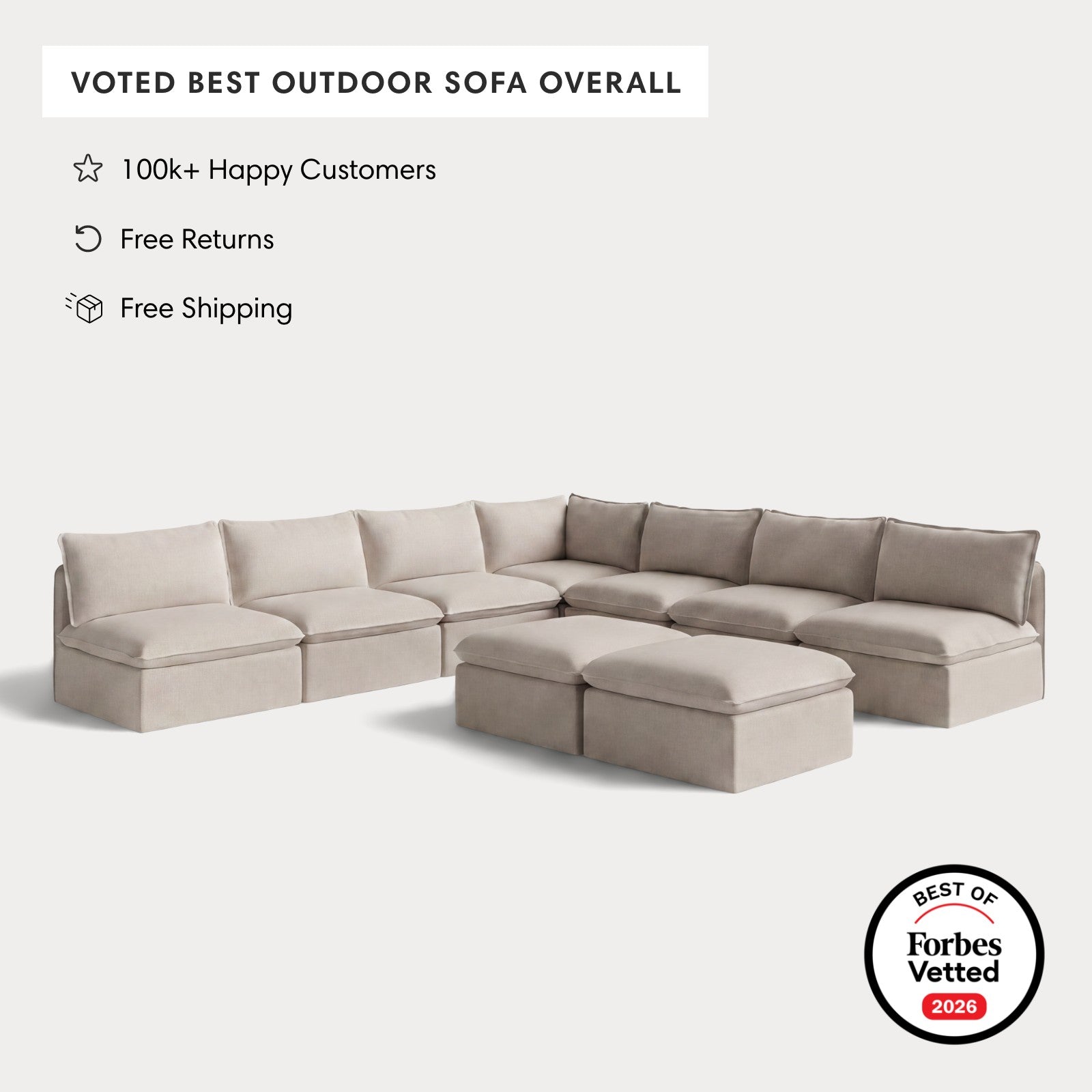 Modular Outdoor Washable 7-Seater Open-Ends Corner Sectional  + Bench Ottoman | Classic Canvas in Sand