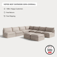 Modular Outdoor Washable 7-Seater Open-Ends Corner Sectional  + Bench Ottoman | Classic Canvas in Sand