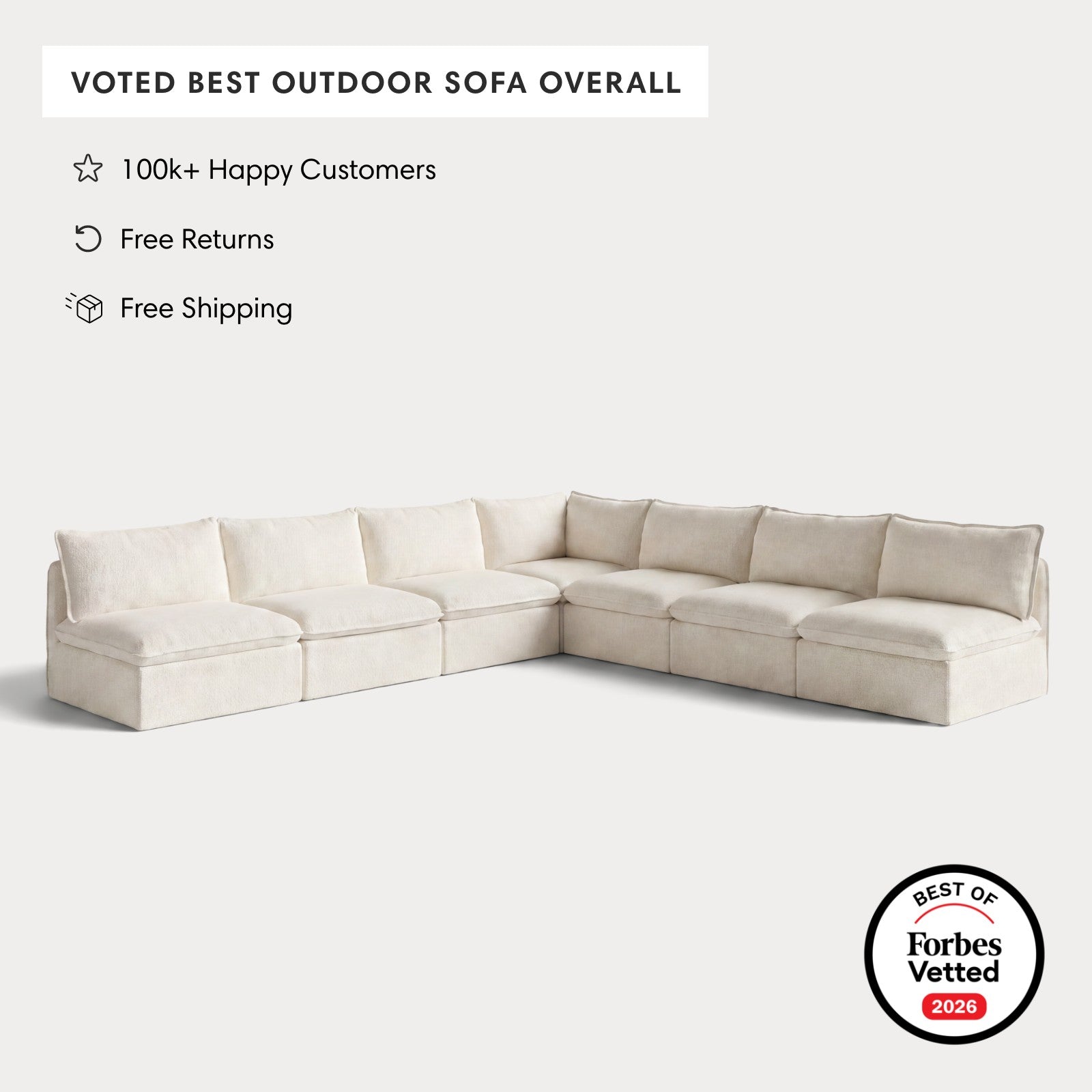 Modular Outdoor Washable 7-Seater Open-Ends Corner Sectional | Alfresco Boucle in Creme