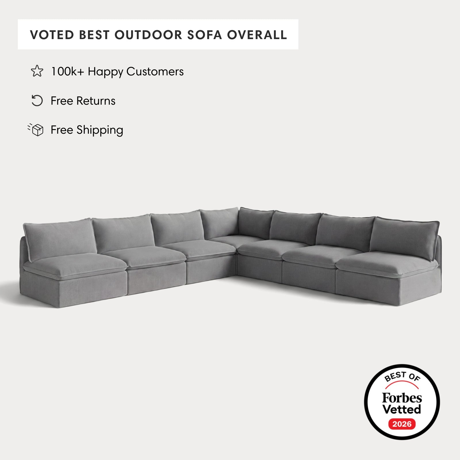 Modular Outdoor Washable 7-Seater Open-Ends Corner Sectional | Classic Canvas in Stone Gray