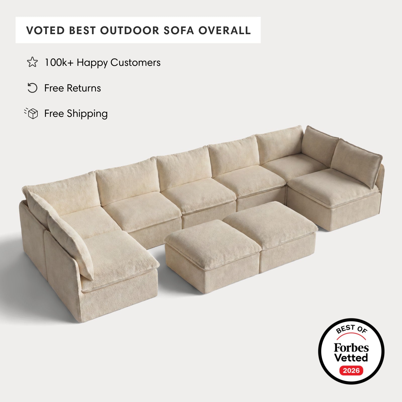 Modular Outdoor Washable 7-Seater Open-Ends U-Sectional + Bench Ottoman | Alfresco Boucle in Cashew