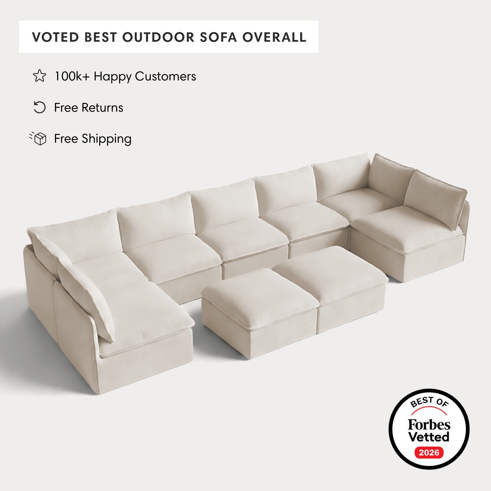 Modular Outdoor Washable 7-Seater Open-Ends U-Sectional + Bench Ottoman | Nano Slubweave in Chai