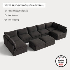 Modular Outdoor Washable 7-Seater Open-Ends U-Sectional + Bench Ottoman | Classic Canvas in Charcoal