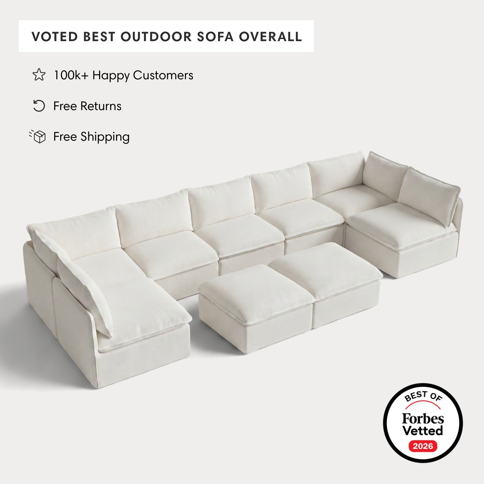 Modular Outdoor Washable 7-Seater Open-Ends U-Sectional + Bench Ottoman | Classic Canvas in Cloud