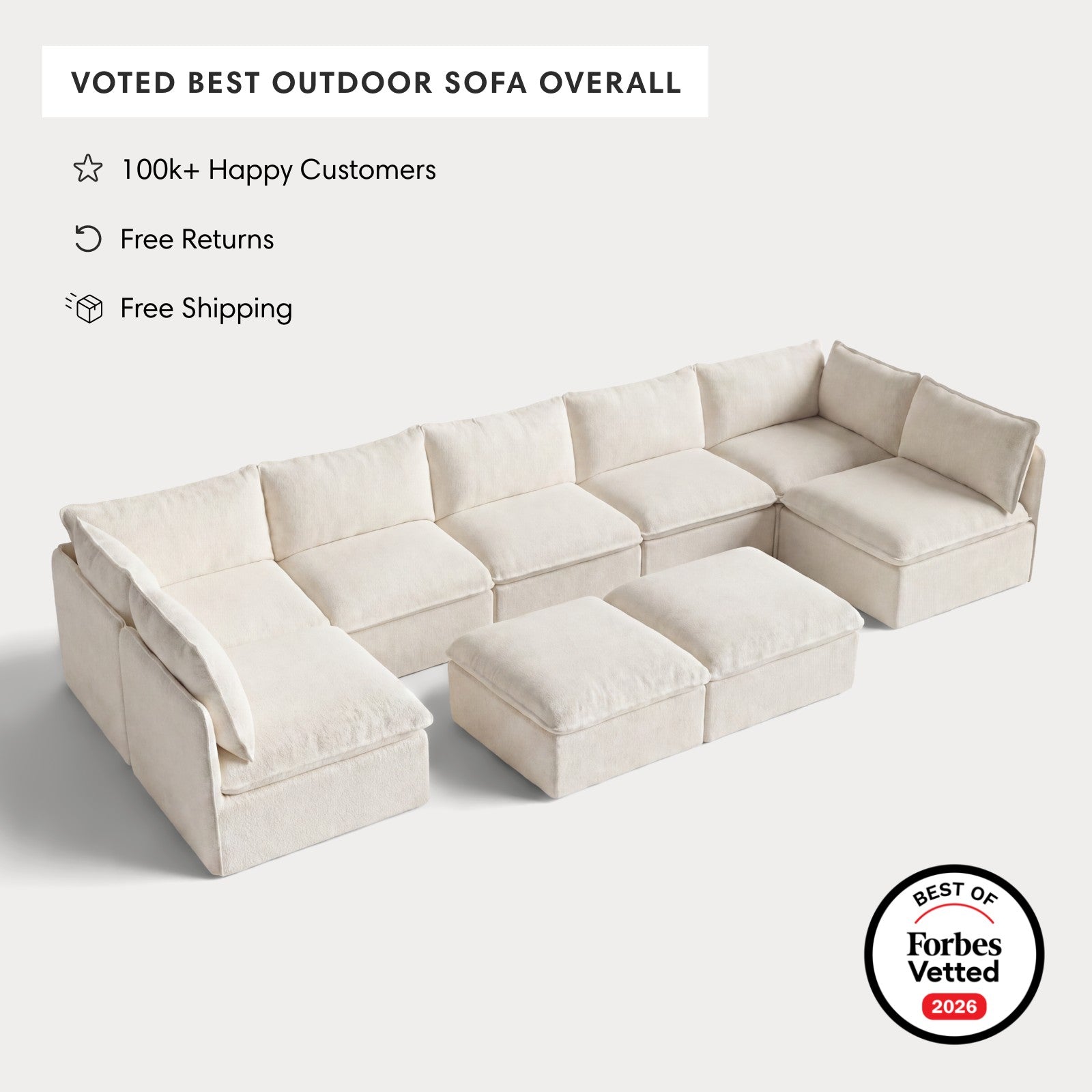 Modular Outdoor Washable 7-Seater Open-Ends U-Sectional + Bench Ottoman | Alfresco Boucle in Creme