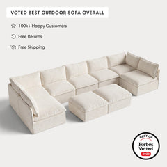 Modular Outdoor Washable 7-Seater Open-Ends U-Sectional + Bench Ottoman | Alfresco Boucle in Creme