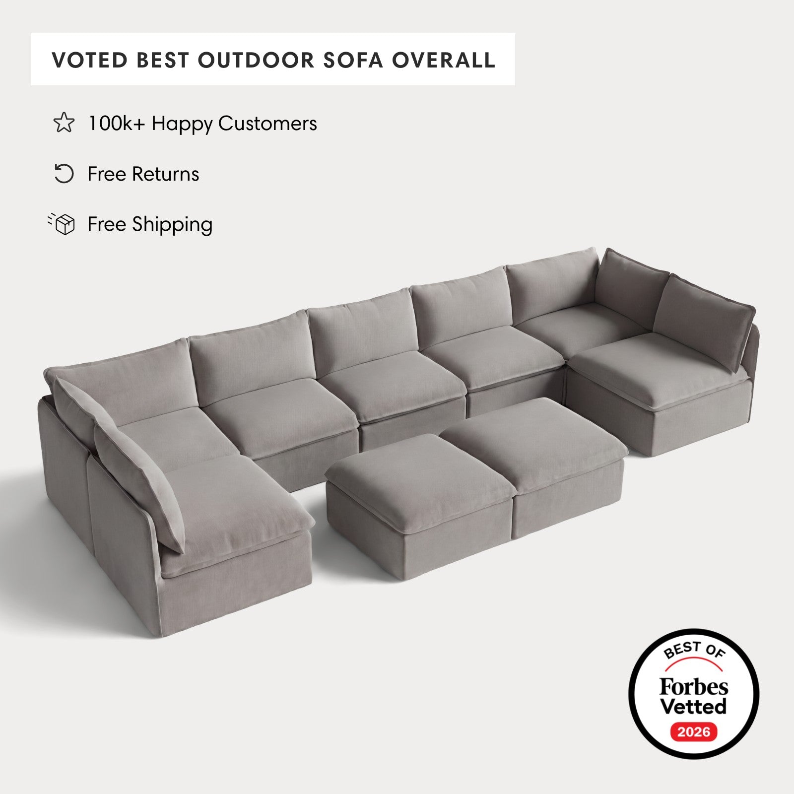 Modular Outdoor Washable 7-Seater Open-Ends U-Sectional + Bench Ottoman | Nano Slubweave in Haze Gray