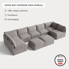 Modular Outdoor Washable 7-Seater Open-Ends U-Sectional + Bench Ottoman | Nano Slubweave in Haze Gray