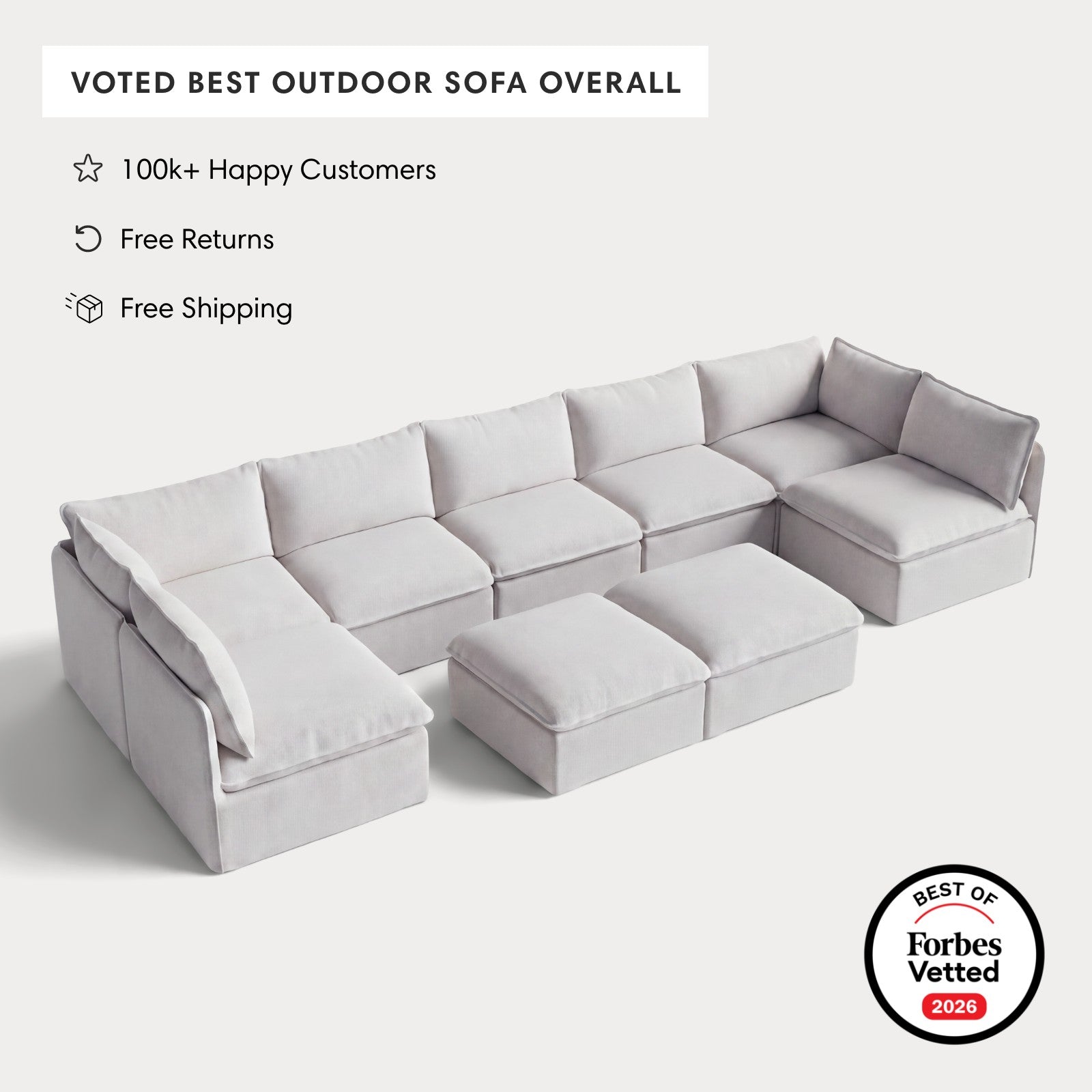 Modular Outdoor Washable 7-Seater Open-Ends U-Sectional + Bench Ottoman | Nano Slubweave in Mist