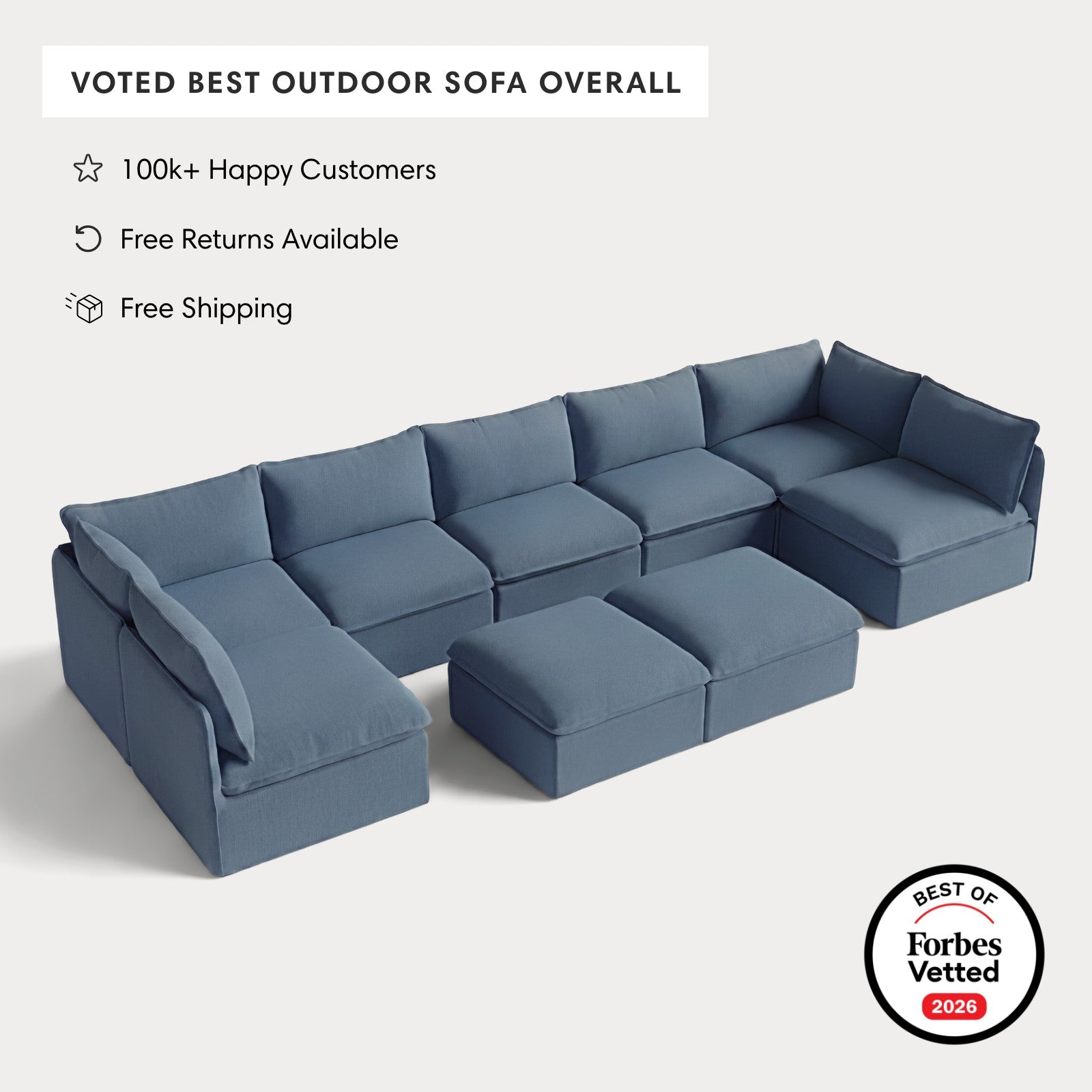 Modular Outdoor Washable 7-Seater Open-Ends U-Sectional + Bench Ottoman | Classic Canvas in Ocean