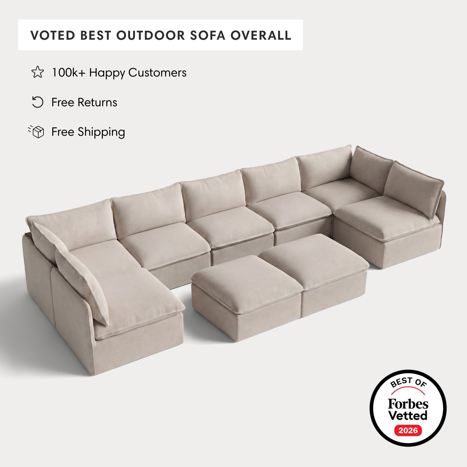 Modular Outdoor Washable 7-Seater Open-Ends U-Sectional + Bench Ottoman | Classic Canvas in Sand