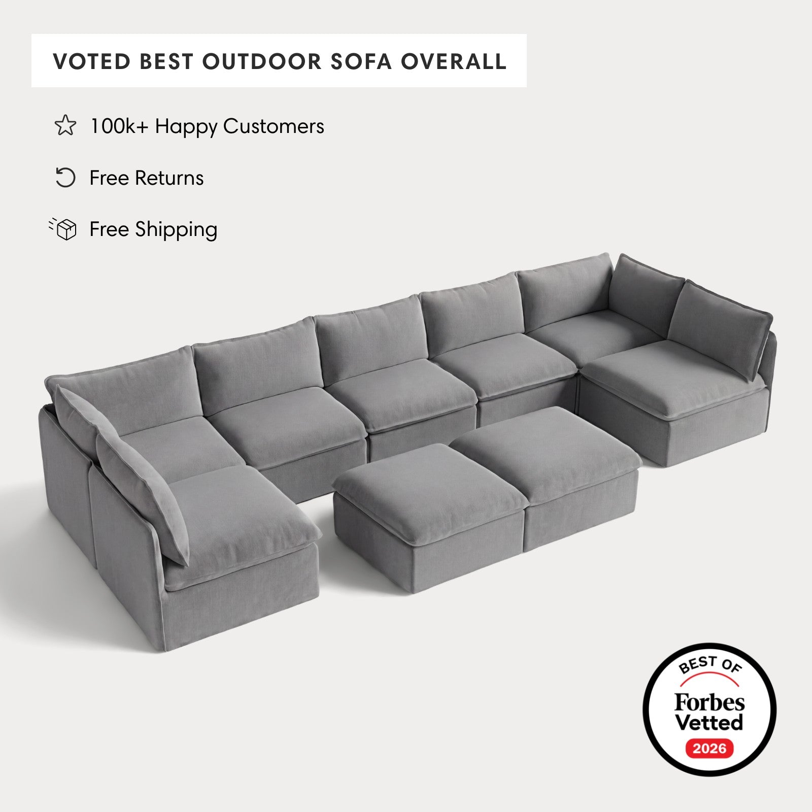 Modular Outdoor Washable 7-Seater Open-Ends U-Sectional + Bench Ottoman | Classic Canvas in Stone Gray