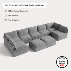 Modular Outdoor Washable 7-Seater Open-Ends U-Sectional + Bench Ottoman | Classic Canvas in Stone Gray