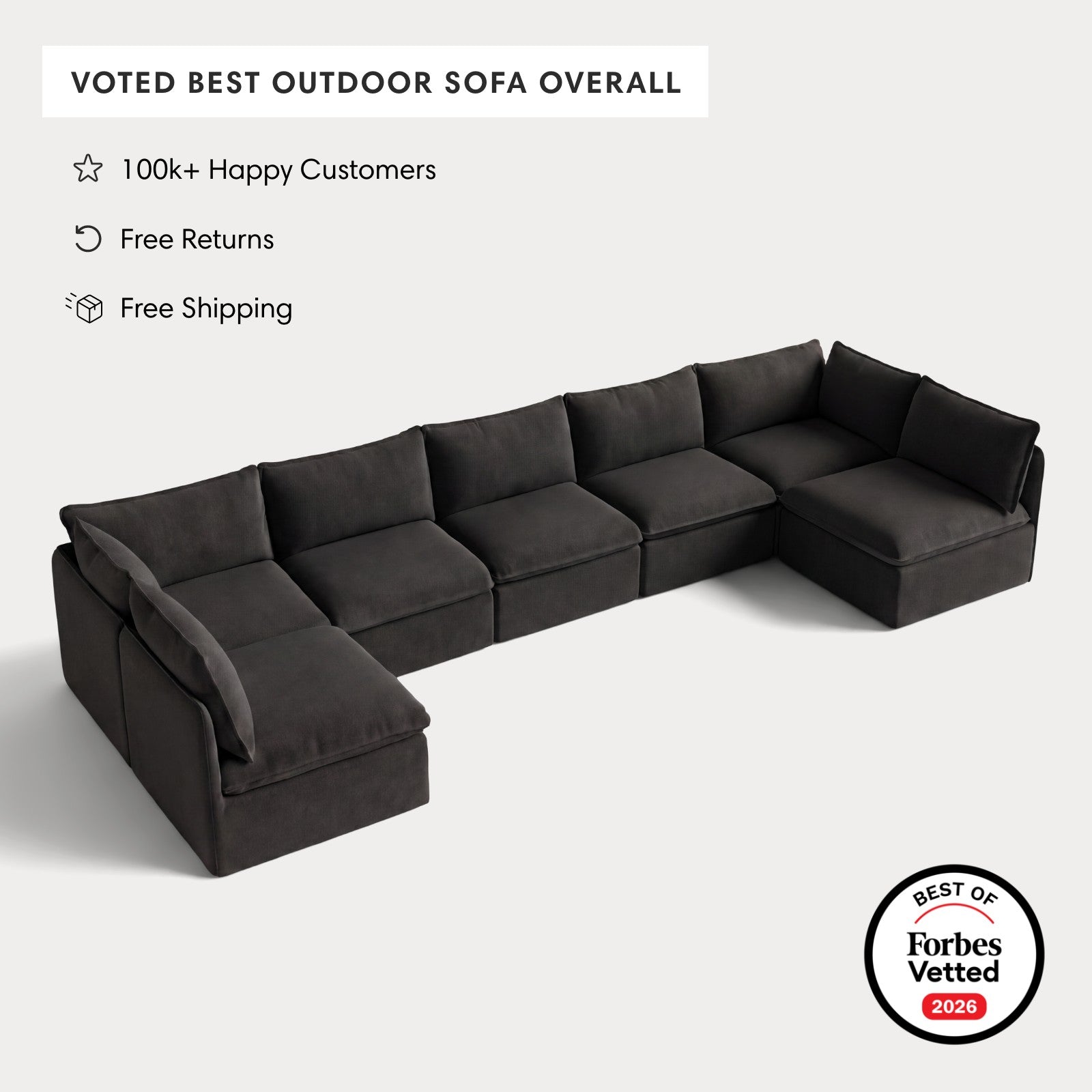Modular Outdoor Washable 7-Seater Open-Ends U-Sectional | Classic Canvas in Charcoal
