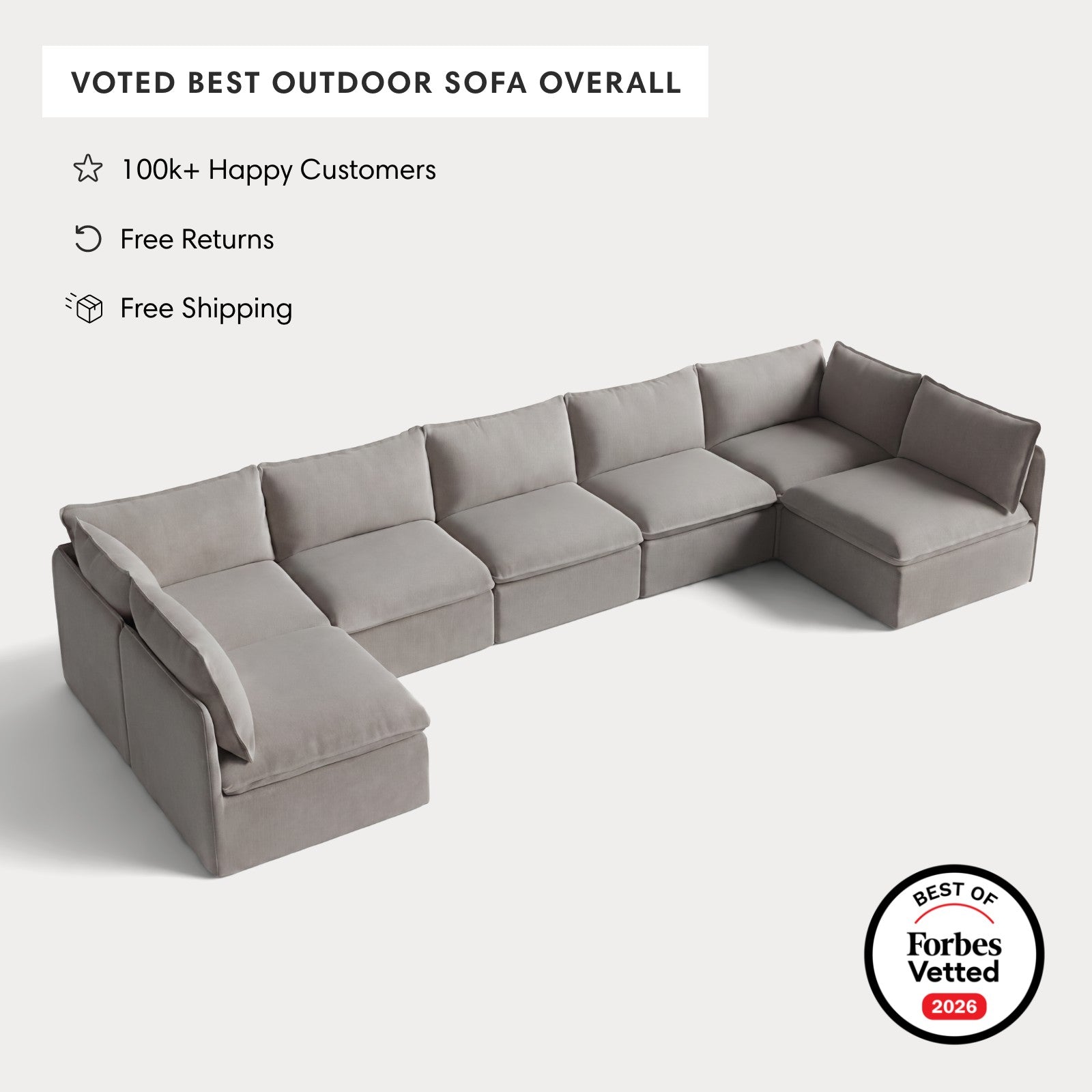Modular Outdoor Washable 7-Seater Open-Ends U-Sectional | Nano Slubweave in Haze Gray