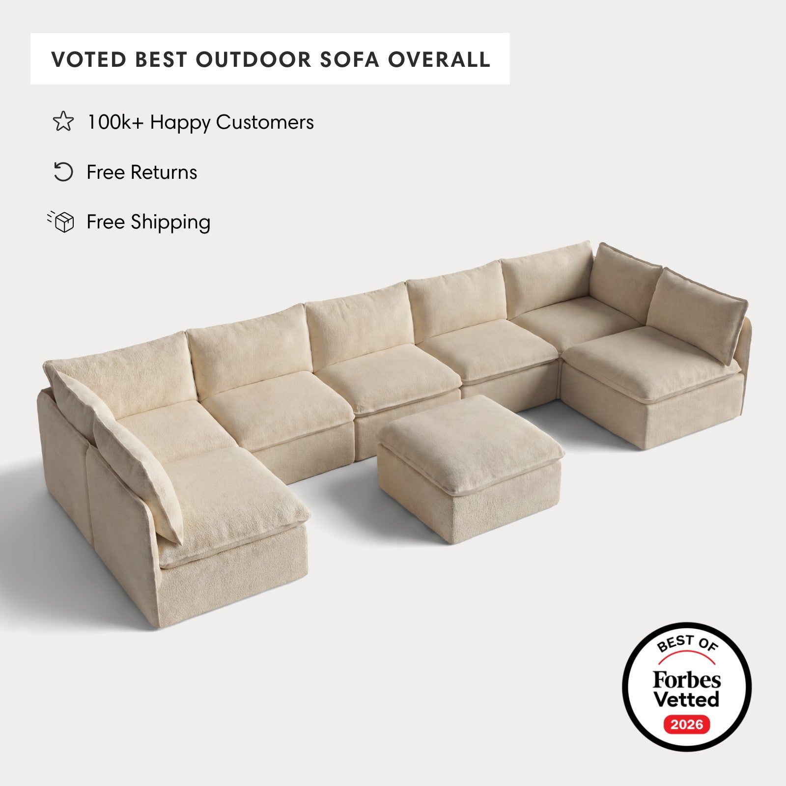 Modular Outdoor Washable 7-Seater Open-Ends U-Sectional + Ottoman | Alfresco Boucle in Cashew