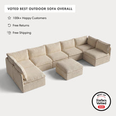 Modular Outdoor Washable 7-Seater Open-Ends U-Sectional + Ottoman | Alfresco Boucle in Cashew
