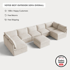 Modular Outdoor Washable 7-Seater Open-Ends U-Sectional + Ottoman | Nano Slubweave in Chai
