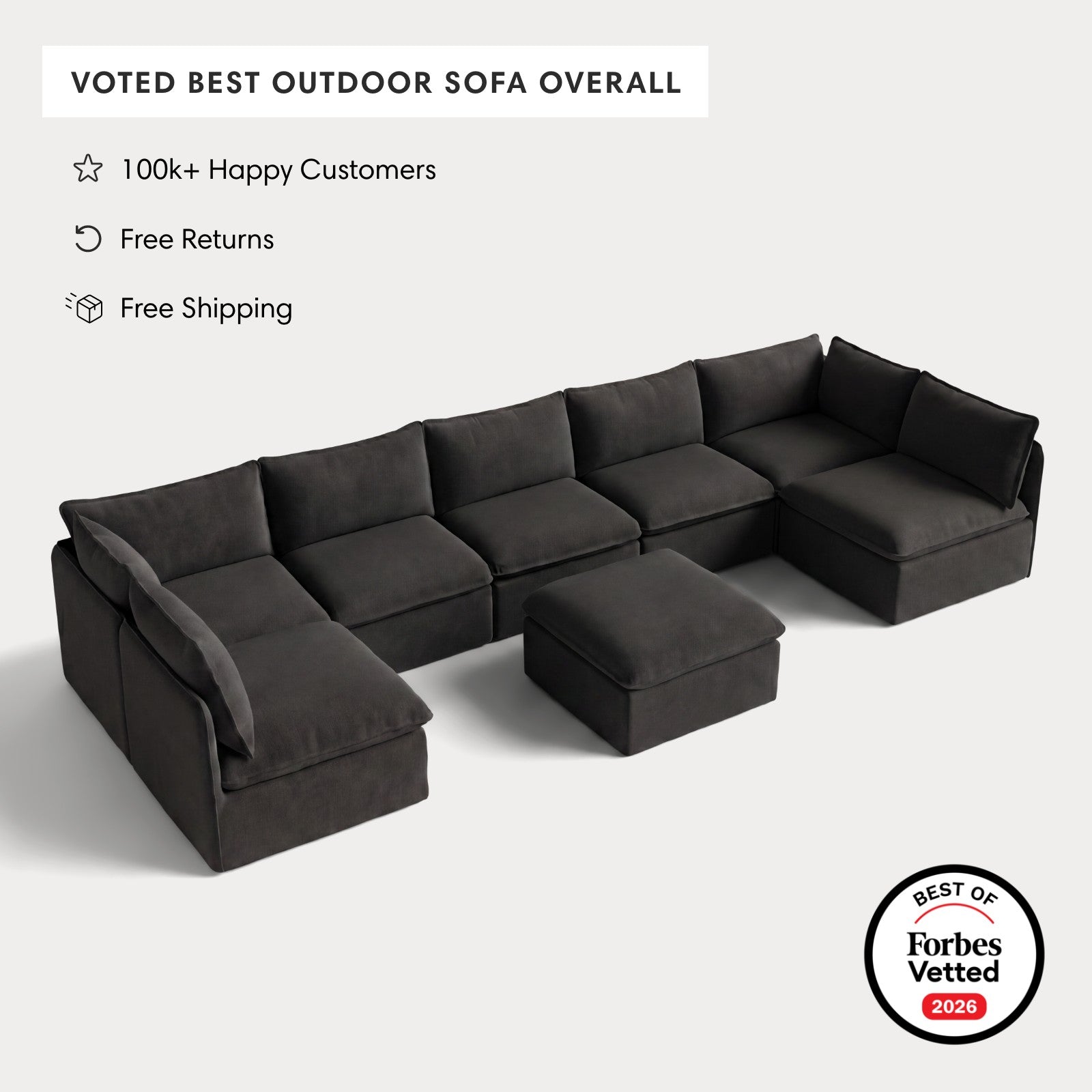 Modular Outdoor Washable 7-Seater Open-Ends U-Sectional + Ottoman | Classic Canvas in Charcoal