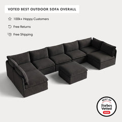Modular Outdoor Washable 7-Seater Open-Ends U-Sectional + Ottoman | Classic Canvas in Charcoal