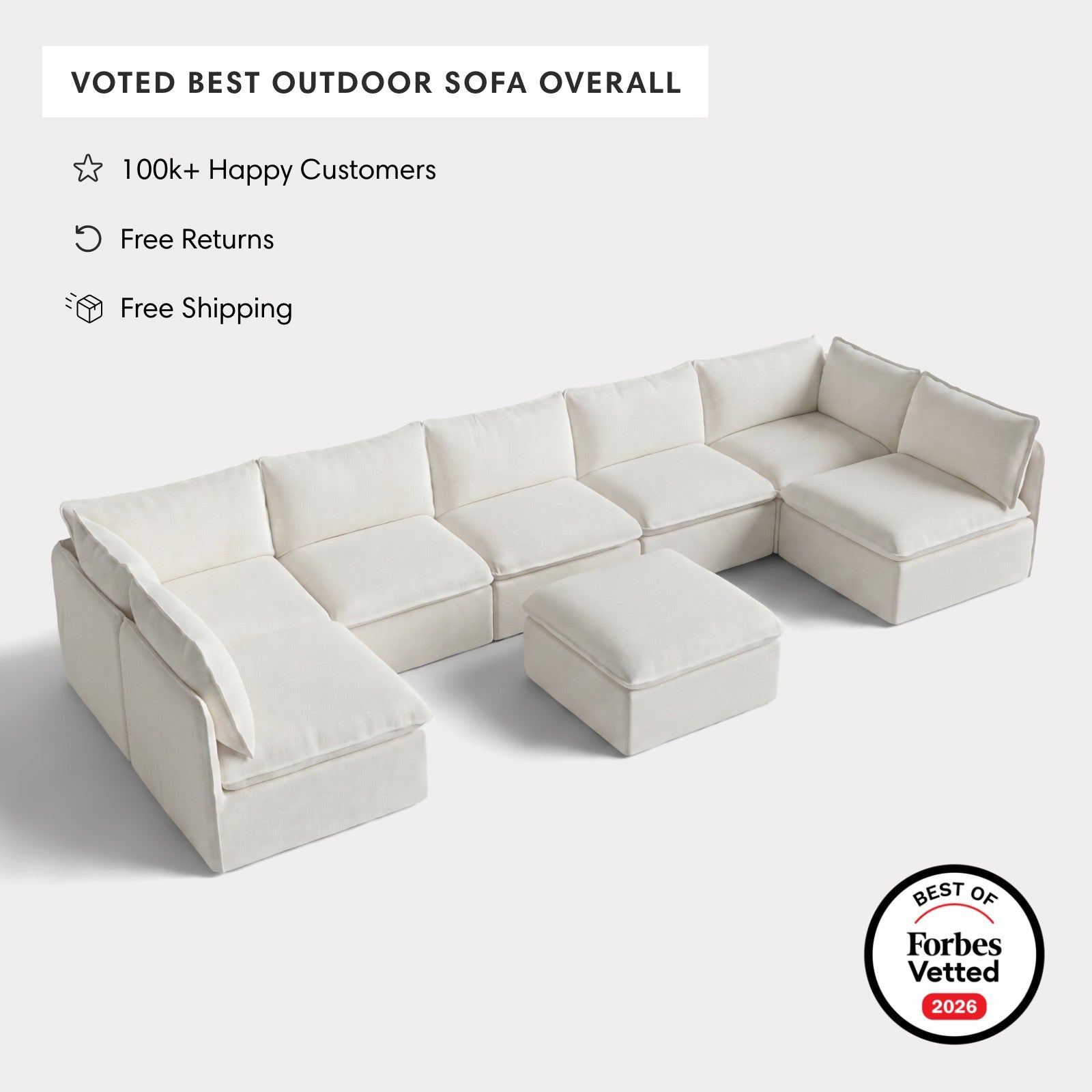 Modular Outdoor Washable 7-Seater Open-Ends U-Sectional + Ottoman | Classic Canvas in Cloud