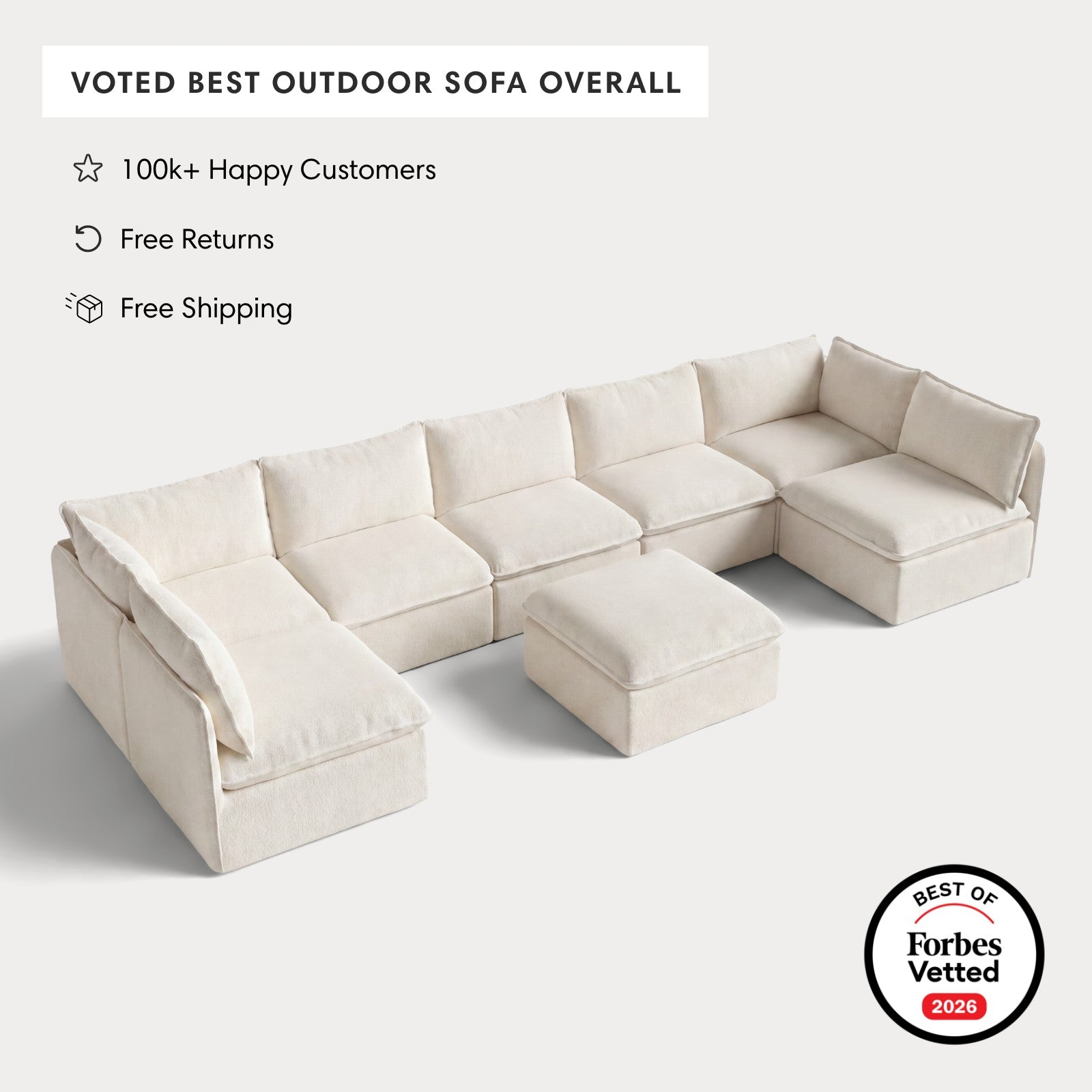 Modular Outdoor Washable 7-Seater Open-Ends U-Sectional + Ottoman | Alfresco Boucle in Creme