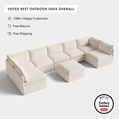 Modular Outdoor Washable 7-Seater Open-Ends U-Sectional + Ottoman | Alfresco Boucle in Creme