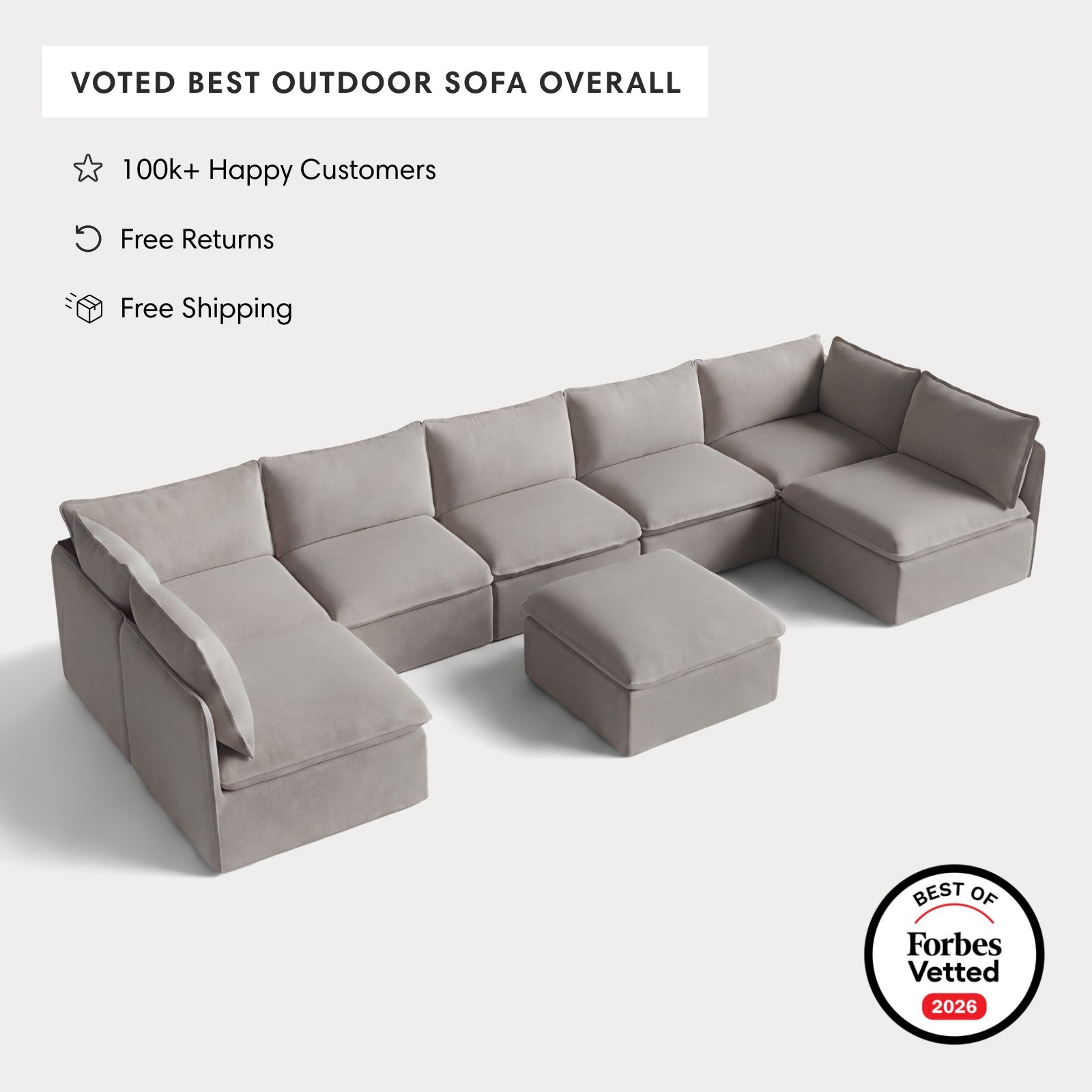 Modular Outdoor Washable 7-Seater Open-Ends U-Sectional + Ottoman | Nano Slubweave in Haze Gray
