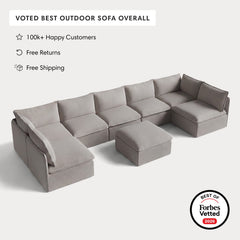 Modular Outdoor Washable 7-Seater Open-Ends U-Sectional + Ottoman | Nano Slubweave in Haze Gray